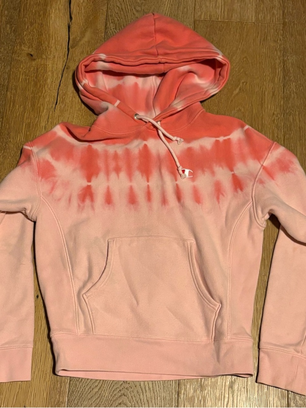 Champion Women's Coral and Light Pink Tie-Dye Hoodie Sweater